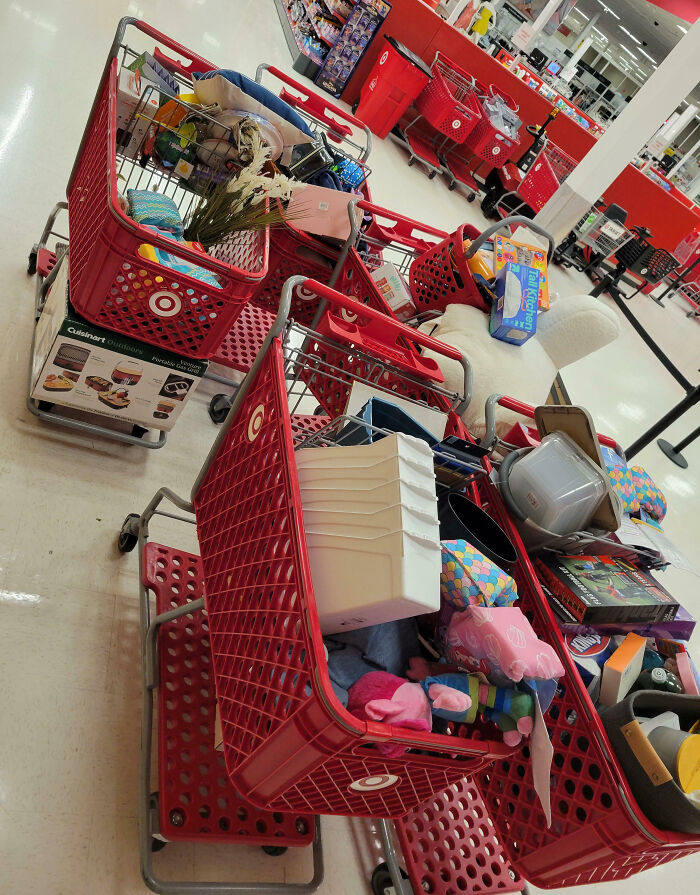 Shopping carts filled with random items at a store, illustrating customer cluelessness in retail.