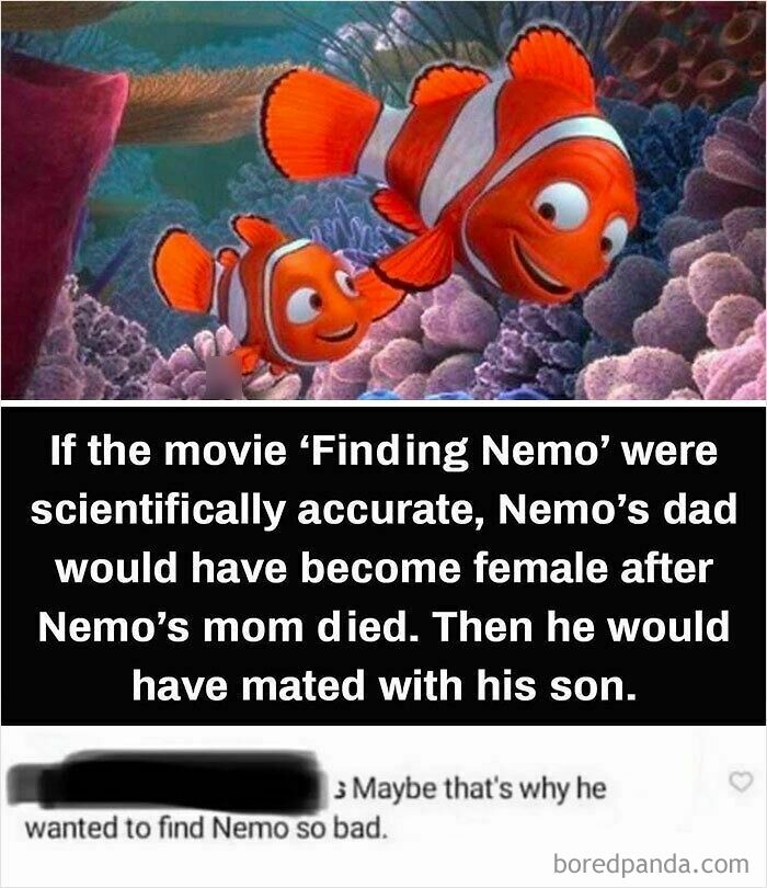 Comment about "Finding Nemo" accuracy on gender changes, with a humorous twist, highlighted below the main text.
