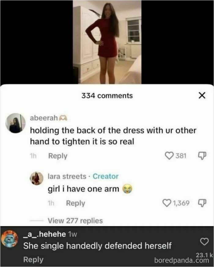 Woman in red dress with humorous comments; epic remark garners more attention than original post.