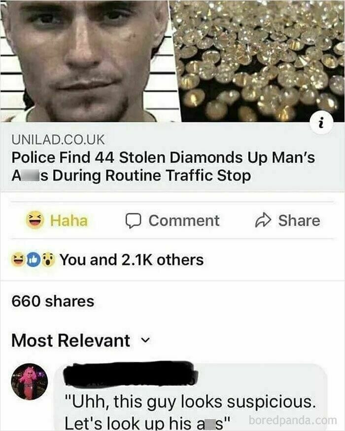 Man's mugshot and diamonds found in unusual place, with humorous comment highlighted. Epic comment steals the spotlight.