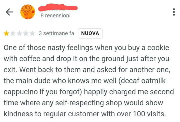 "Customer drops cookie, complains about being charged for a replacement despite frequent past visits."