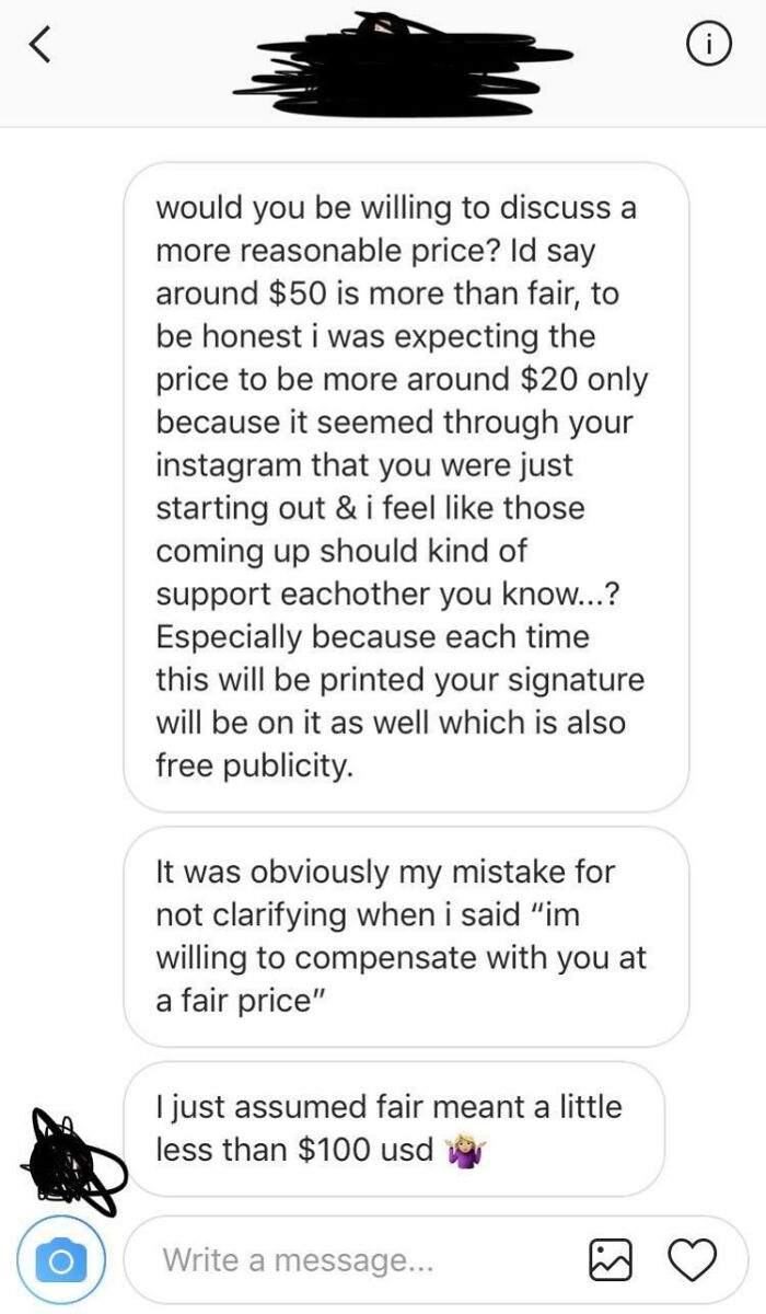 Instagram message showing customer cluelessness over a price negotiation, suggesting $20 instead of $50.