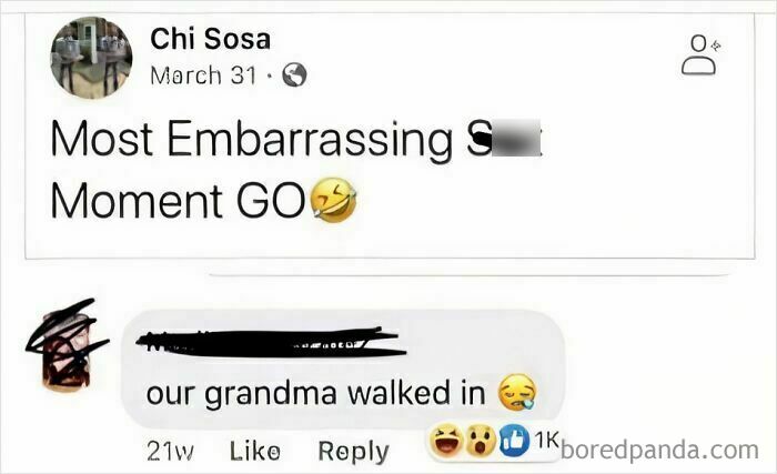 Social media post about embarrassing moments with a humorous comment reply gaining attention.