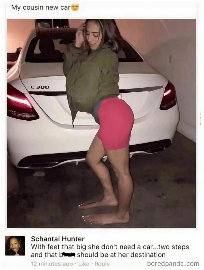 Woman posing by a car with a humorous comment; epic comment highlights the humor more than the post.