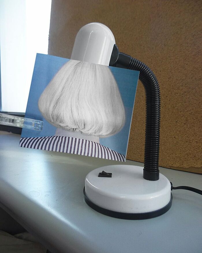 A lamp with a photo of hair, creating an optical illusion of a head, exemplifies Dudi Ben Simon’s creative fusions.