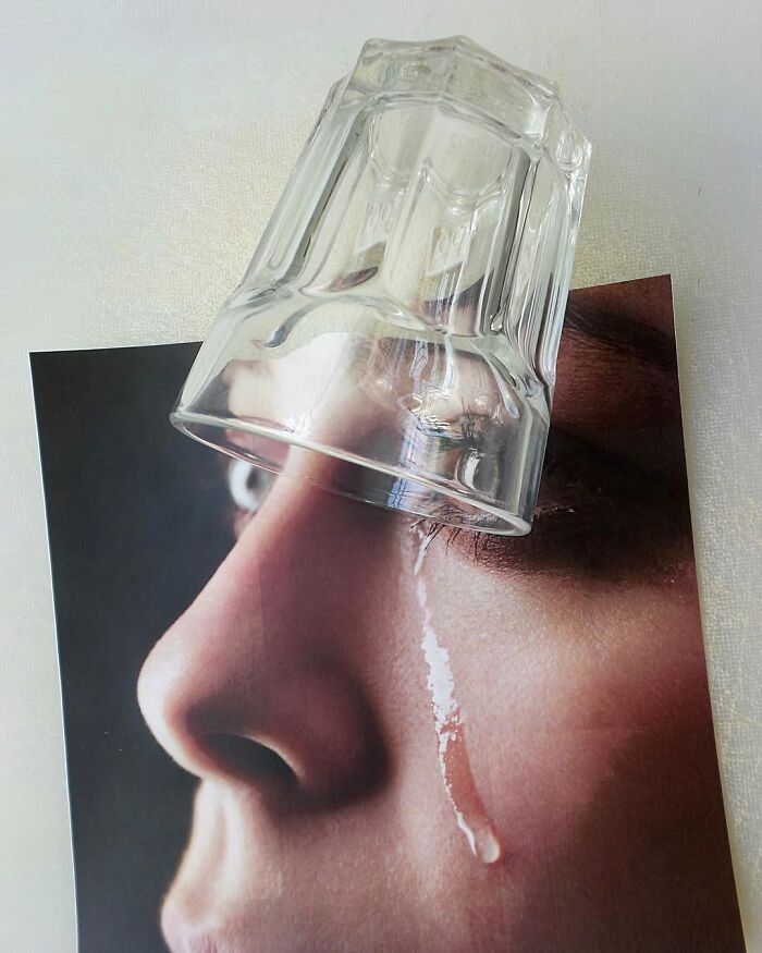 Glass over photo creates an illusion of a teardrop, showcasing Dudi Ben Simon’s fusion art technique.