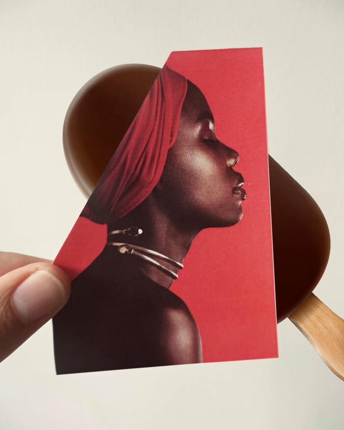 Creative illusion with red profile merged onto a chocolate ice cream, showcasing astonishing fusions.