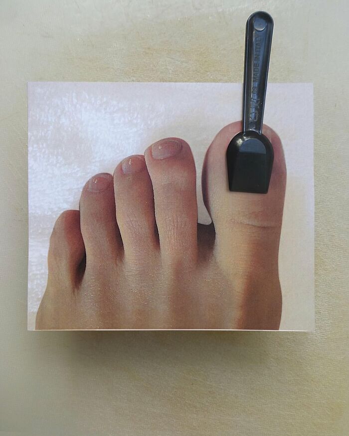Illusion with a coffee scoop resembling a toenail created by Dudi Ben Simon’s fusion art.