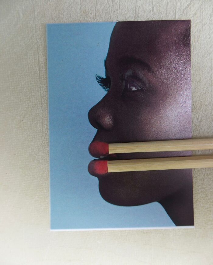 Astonishing illusion fusion by Dudi Ben Simon shows painted chopsticks aligning with a profile photo.