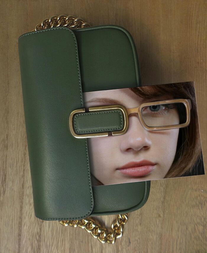 Green handbag and photo creatively fused, part of Dudi Ben Simon's illusion art.