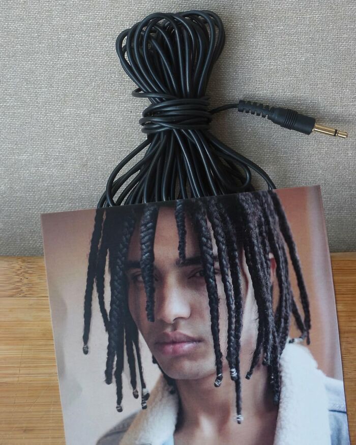 A clever illusion fusion by Dudi Ben Simon featuring a cable resembling dreadlocks on a portrait.