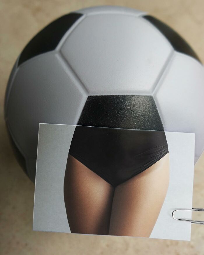A soccer ball creatively merged with a photo, showcasing Dudi Ben Simon's illusion art.