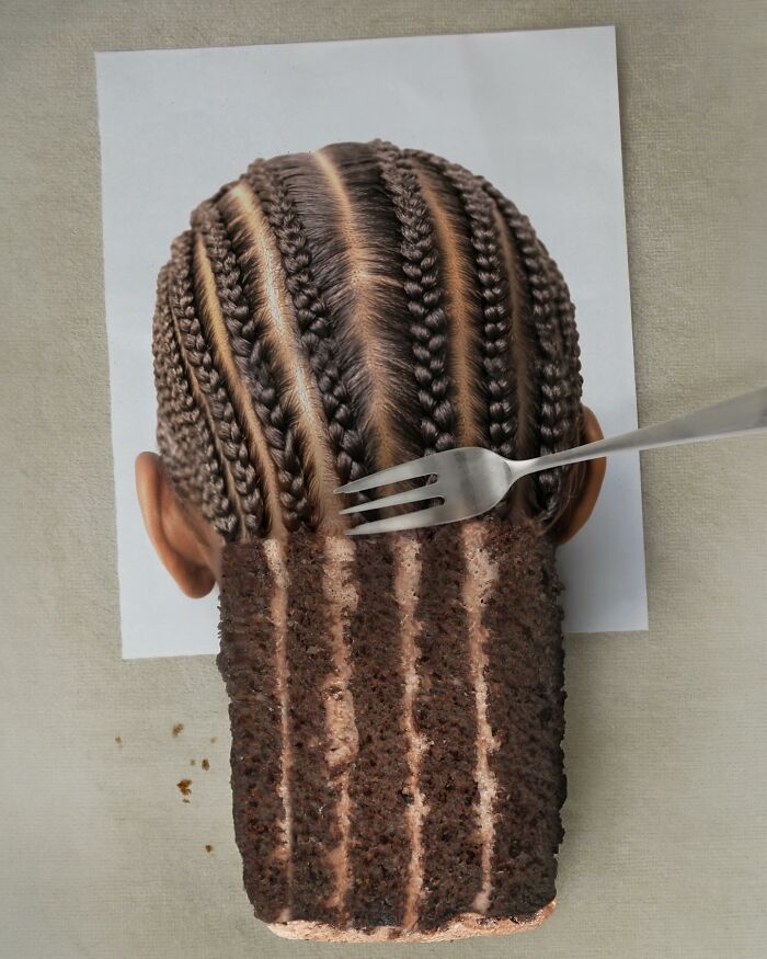 "Illusion art of hair blended with cake, cut by a fork, showcasing Dudi Ben Simon's fusion creativity."