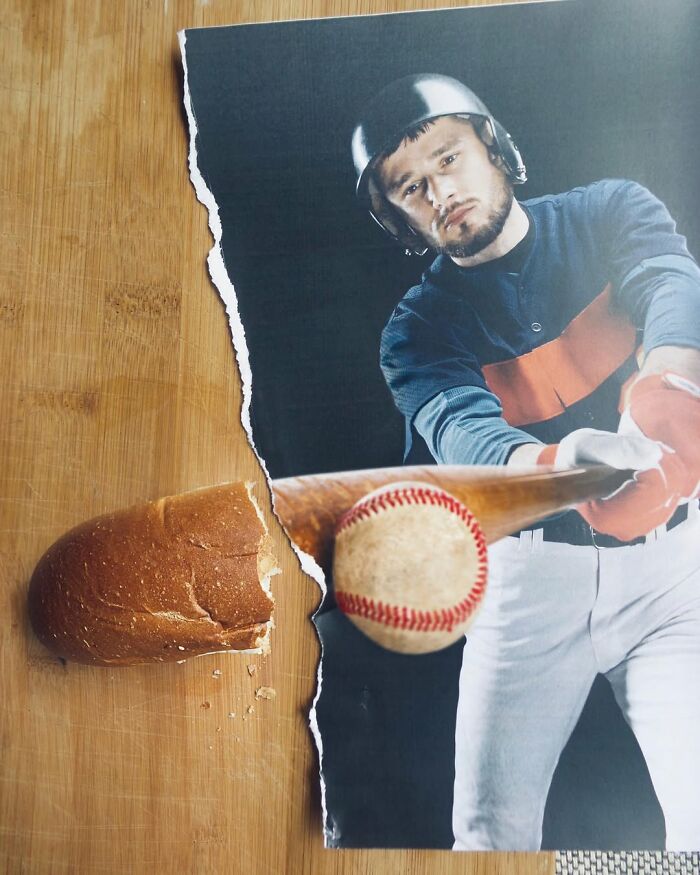 Baseball player and bread merge in a clever illusion, showcasing Dudi Ben Simon's art of illusion.