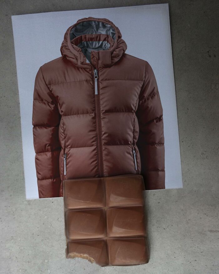 Astonishing illusion of a brown puffer jacket blending into a chocolate bar, showcasing artistic fusion.