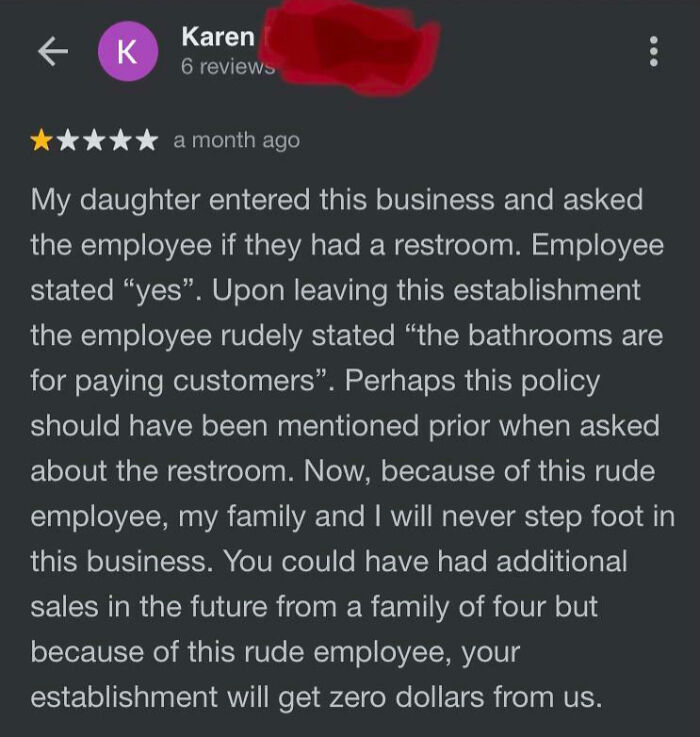 Customer reviews business negatively over restroom policy misunderstanding.