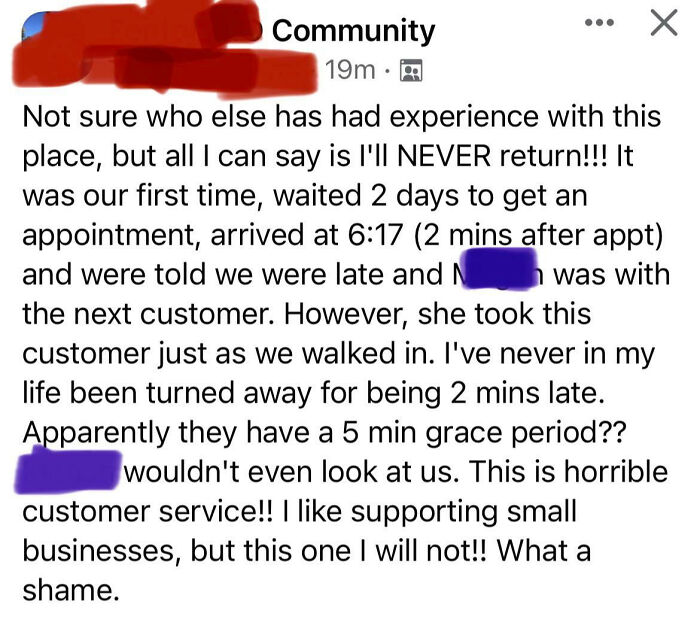 Text on social media post expressing frustration over poor customer service due to a slight delay.