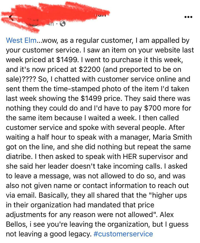 Text screenshot of customer describing frustrating experience with price increase and customer service at a furniture store.