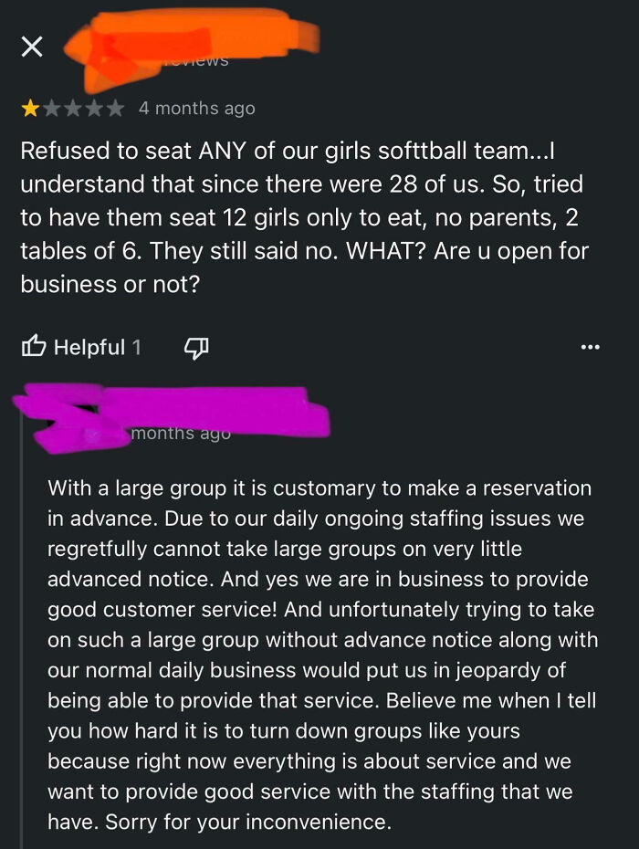 Customer cluelessness review about a denied seating request for a large softball team without a prior reservation.
