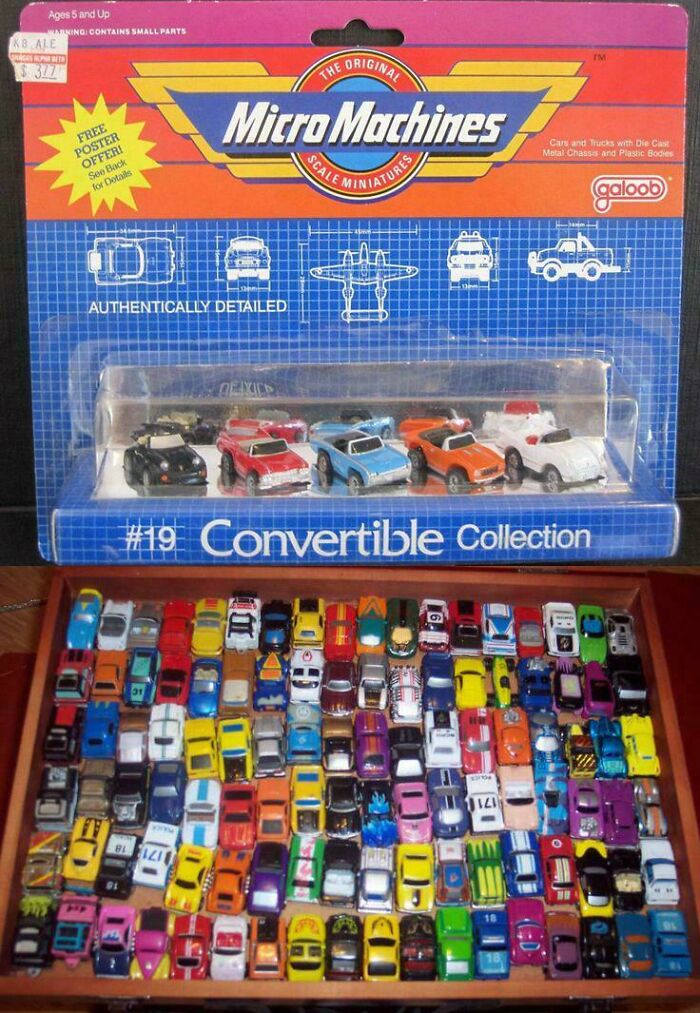 Micro Machines convertible collection showcasing vibrant 1980s miniature cars in original packaging.
