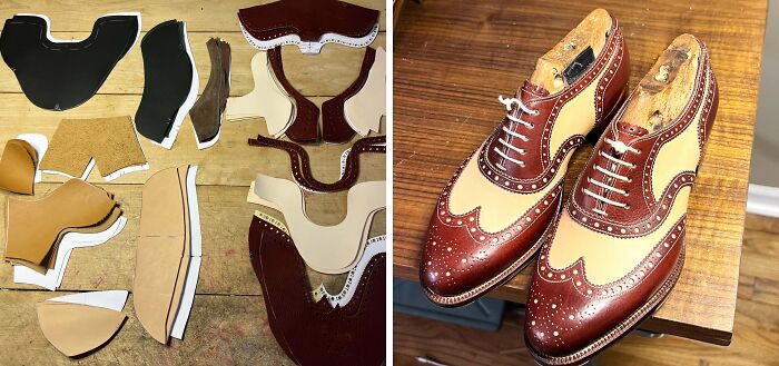 Leather DIY project showing shoe parts and finished stylish shoes.