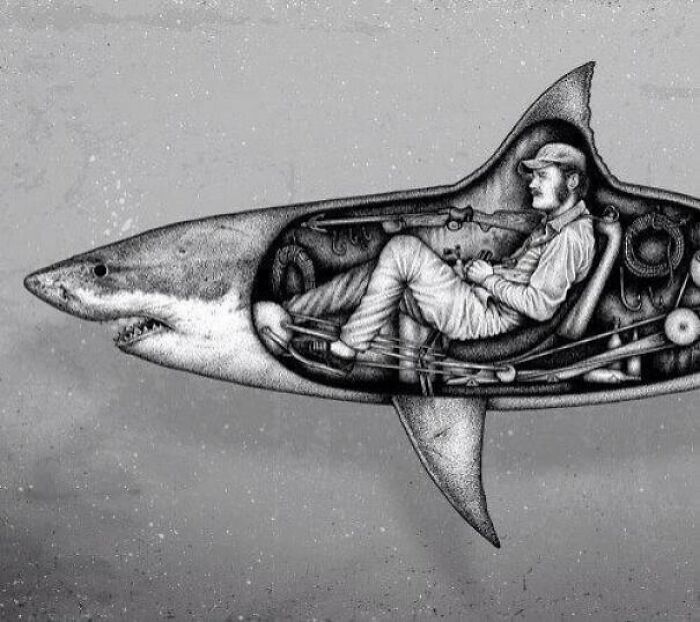 A man in a cap controls a mechanical shark in an imaginative illustration.