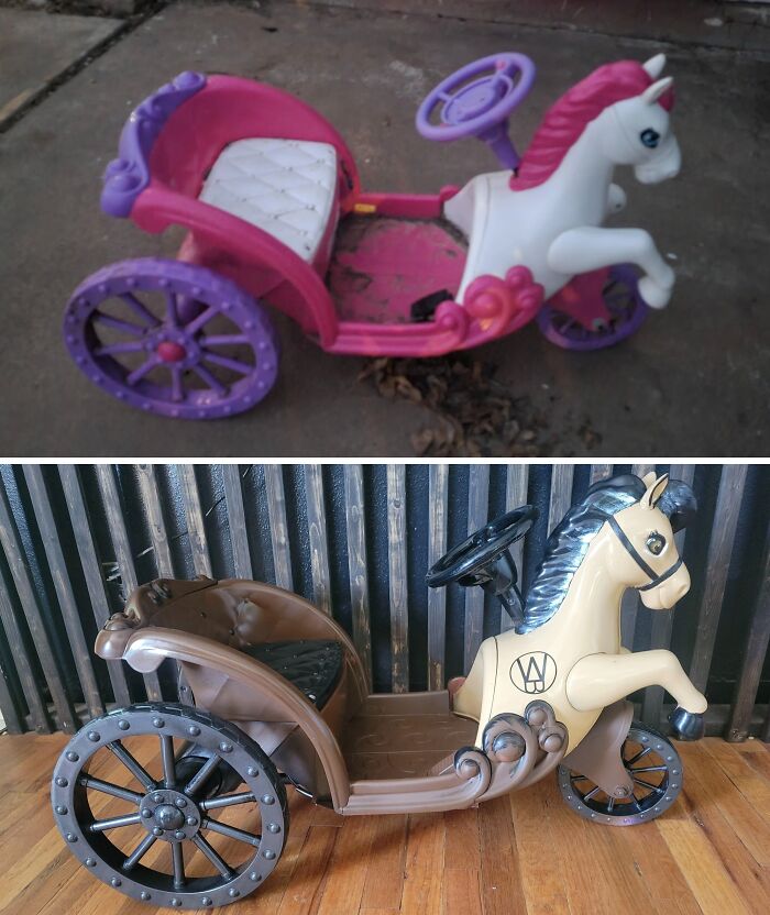 DIY project of a children's toy carriage makeover, transforming from pink and purple to vintage brown and beige.