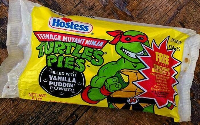 Hostess Teenage Mutant Ninja Turtles Pie package, 1980s nostalgia with bright colors and retro design.