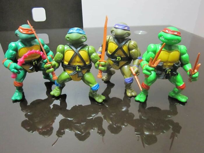 Teenage Mutant Ninja Turtles action figures showcasing 1980s vibe on a reflective surface.