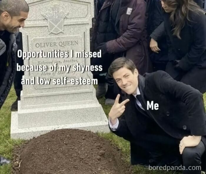 Person posing at a grave with humor text overlay about shyness and missed opportunities, from Diary Introverts memes.