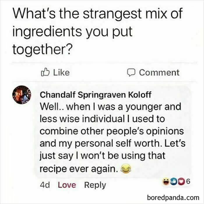 Social media post with a humorous comment about mental health and self-worth, referencing a mix of ingredients.