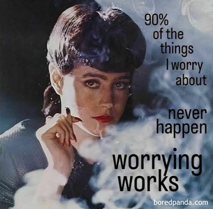 Woman surrounded by smoke with text about worry, reflecting on mental health.