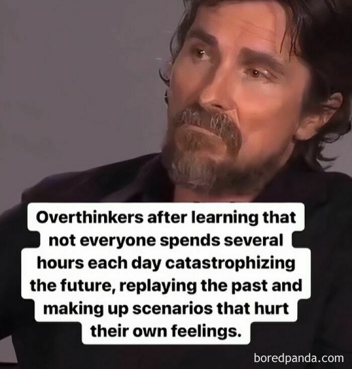 Man with a pensive expression, accompanied by text about overthinking and mental health.