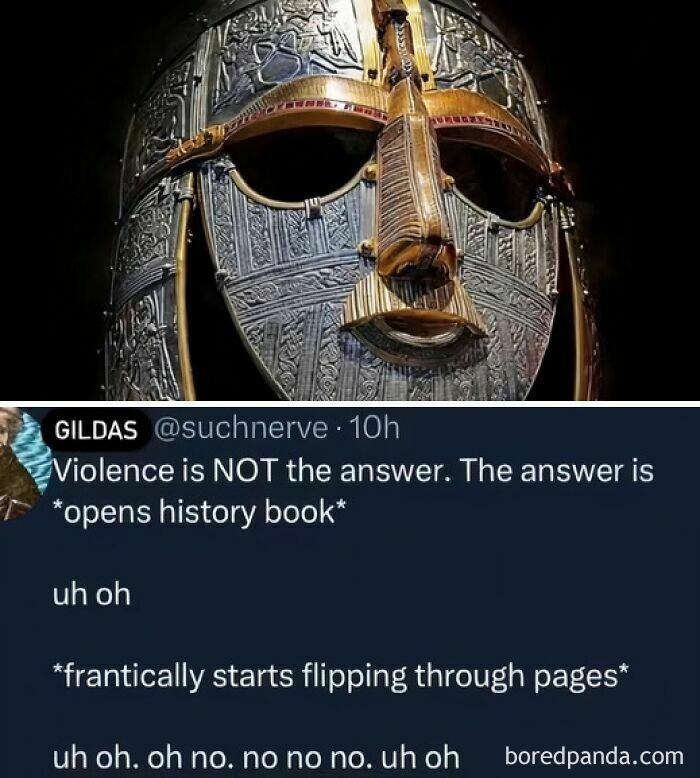 Ancient helmet image with text about history interpretation, part of mental health memes collection.