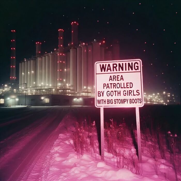 Sign in snowy scene reads "Warning: Area Patrolled by Goth Girls," illustrating a humorous mental health meme vibe.