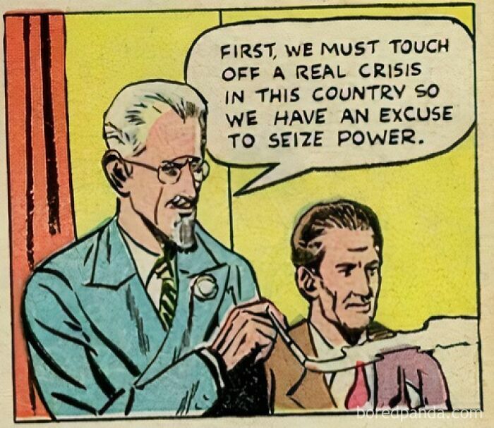 Comic panel with two men discussing a crisis; the speech bubble reflects a plan to seize power. Mental health meme theme.