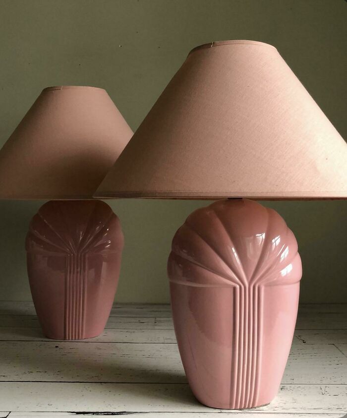 1980s pink ceramic lamps with beige shades, showcasing retro design elements.