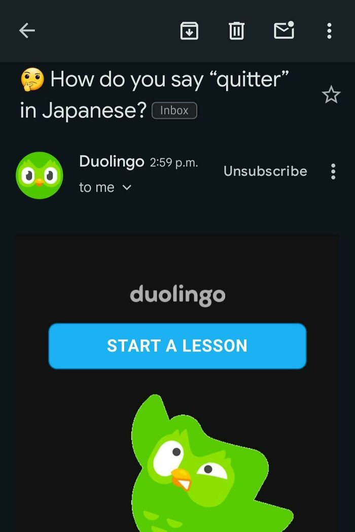 Duolingo passive-aggressive email asking how to say “quitter” in Japanese with option to start a lesson.