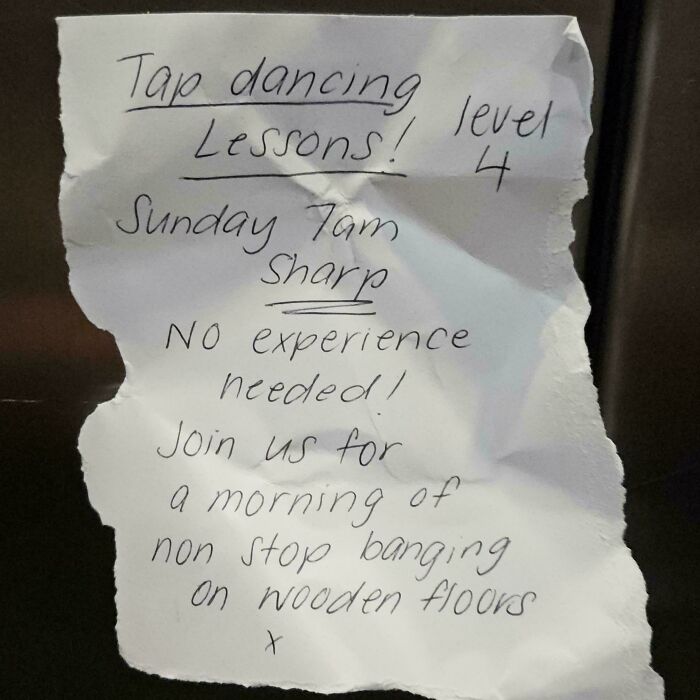 Handwritten note for tap dancing lessons with a humorous passive-aggressive tone, mentioning noisy practice.