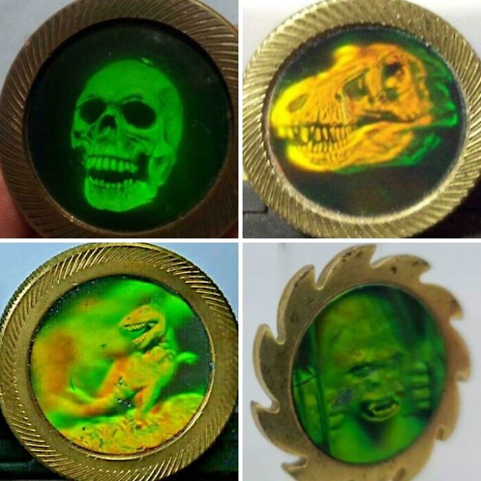 1980s holographic coins featuring skull and dinosaur designs in vibrant colors.