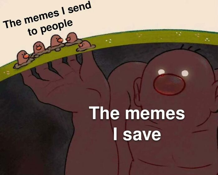 Cartoon shows "The memes I send to people" as small figures and "The memes I save" as a giant figure.