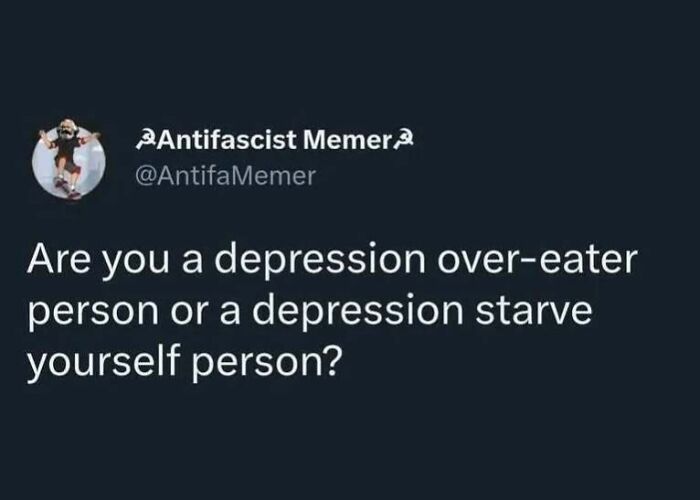 Text meme from "Diary Introverts" about coping with depression through eating habits.