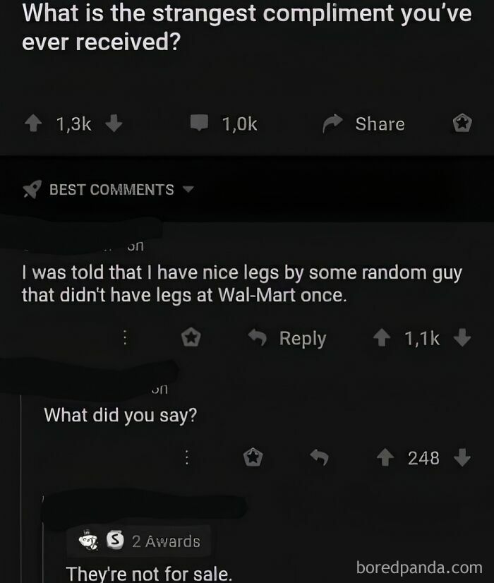 Screenshot of a funny comment exchange with humorous reply on a post about receiving strange compliments.