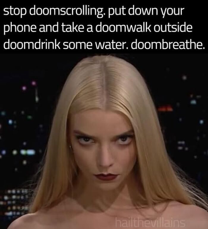 Blonde woman with intense gaze, text about stopping doomscrolling, emphasizing mental health.