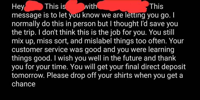 Text message screenshot of an employee being let go, showcasing a worst day at work scenario.