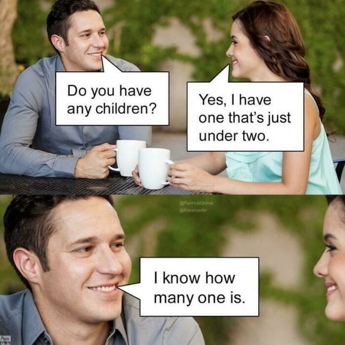Couple having coffee with humorous text bubbles in a random post showing a funny conversation about children.