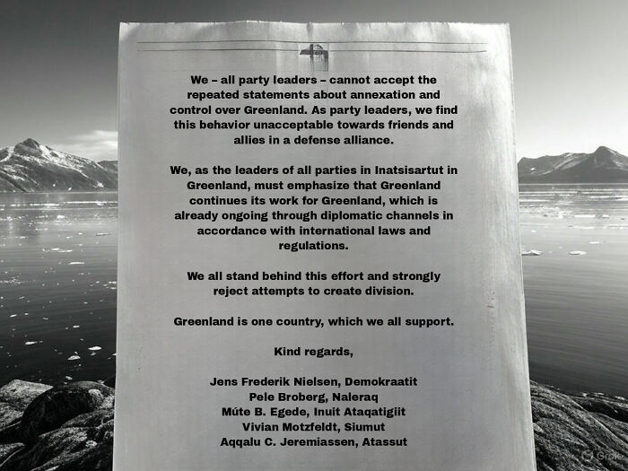 Printed statement by Greenland’s party leaders rejecting division attempts amid scenic icy landscape, showcasing there was an attempt fail.