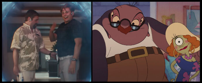 Two men smiling in a hallway scene on the left, animated characters posing on the right, highlighting questionable movie details.