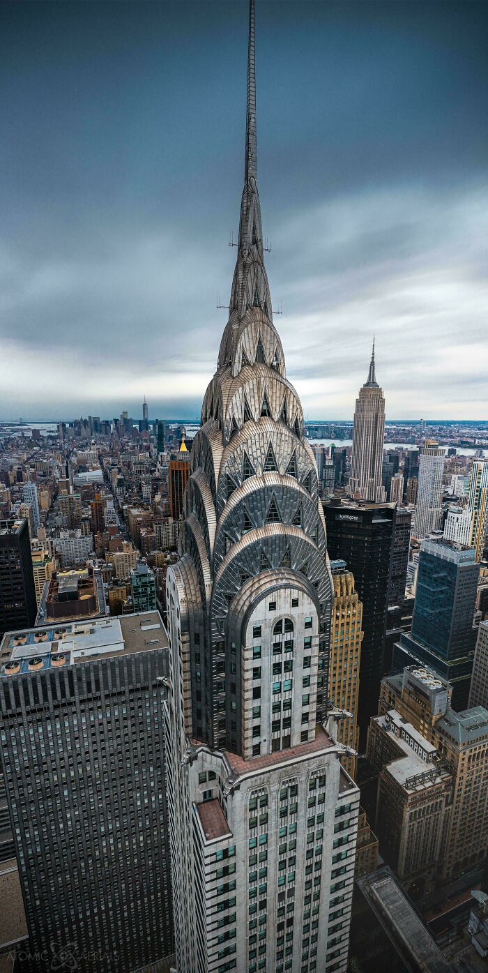 Aerial view of the Chrysler Building showcasing impressive architectural feats in a dense urban skyline.