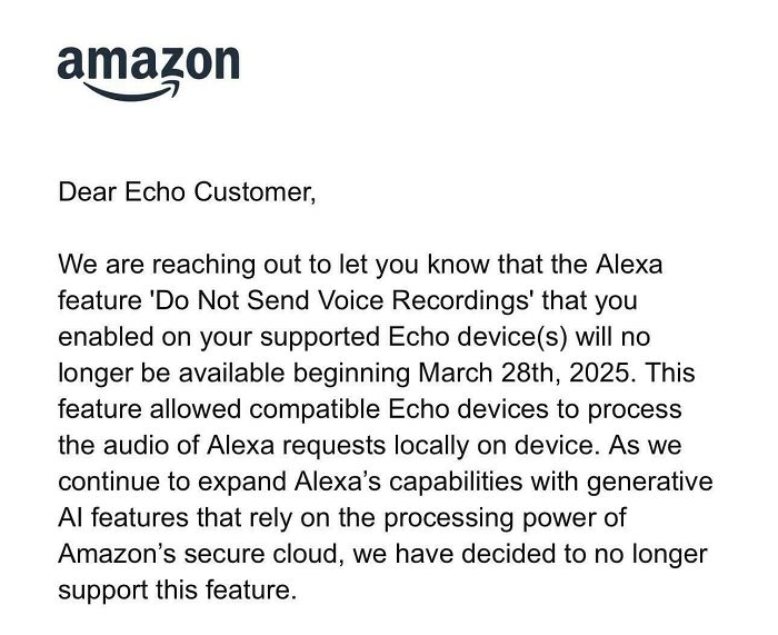 Amazon letter explaining the removal of Alexa voice recording privacy feature affecting Echo devices in 2025.